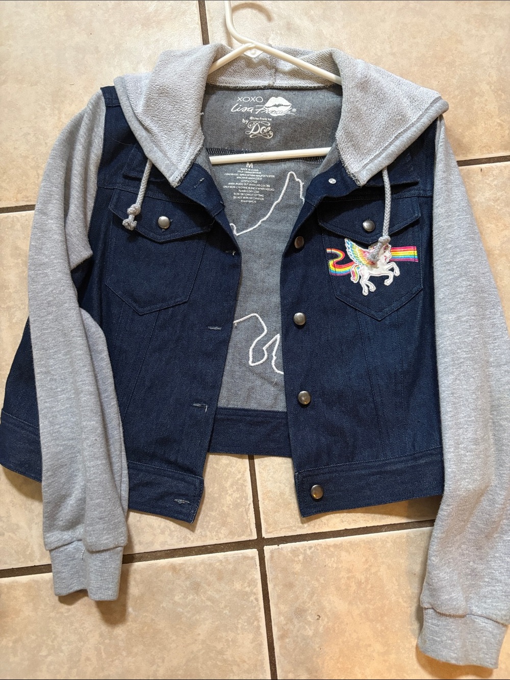 Lisa Frank Navy Denim & Gray Hooded Jean Jacket with Rainbow Unicorn Patch
